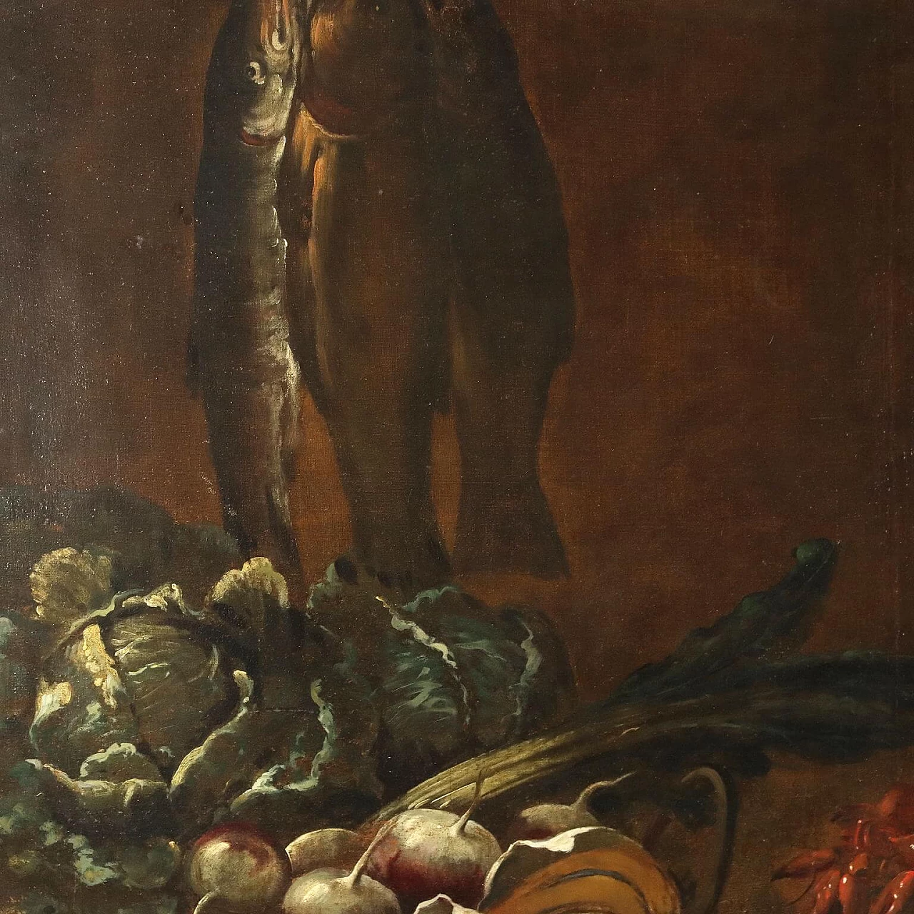 Still life with fruit, vegetables and cat, oil on canvas, 17th century 6