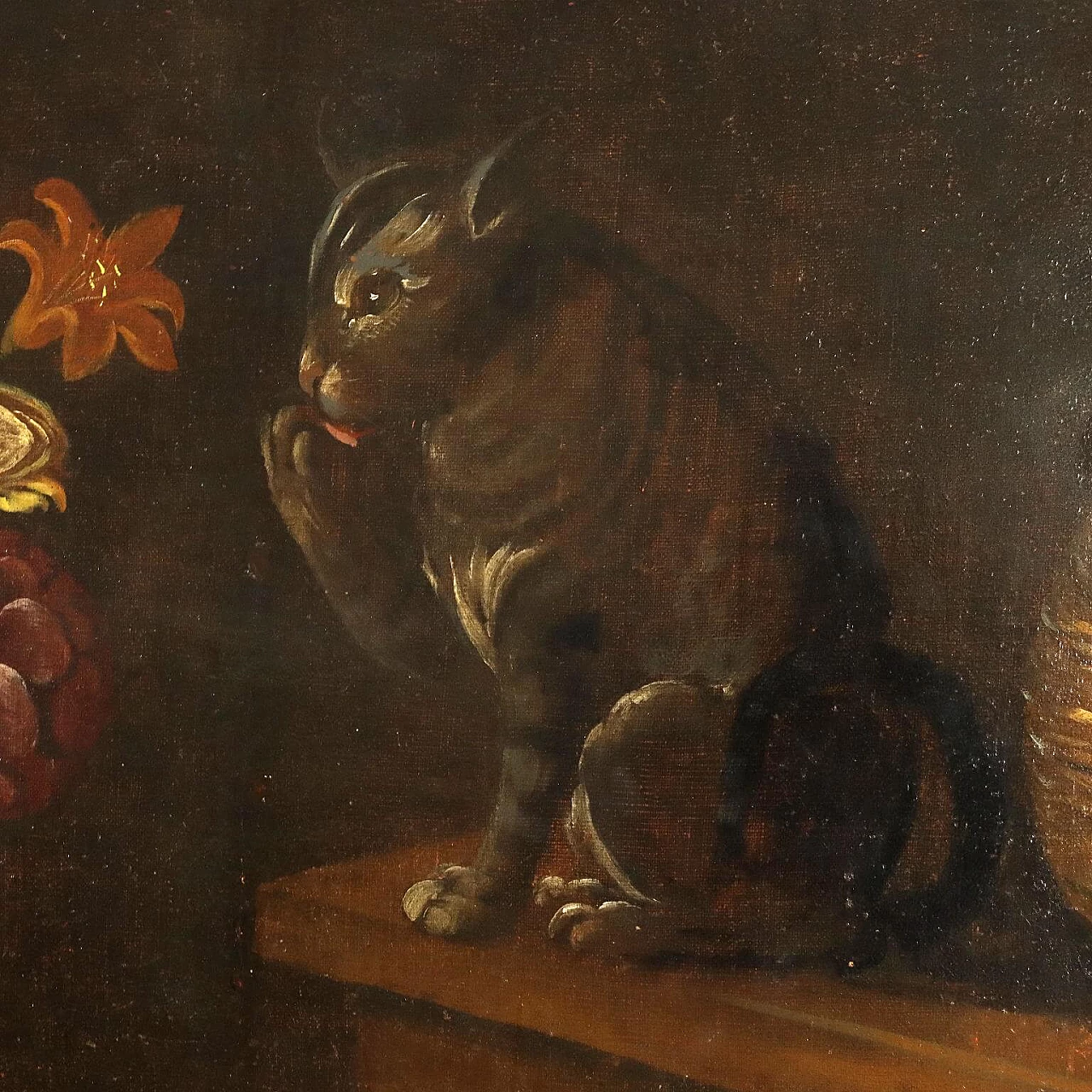 Still life with fruit, vegetables and cat, oil on canvas, 17th century 7