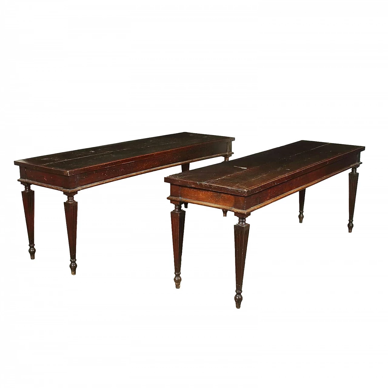 Pair of neoclassical walnut console tables, 18th century 1