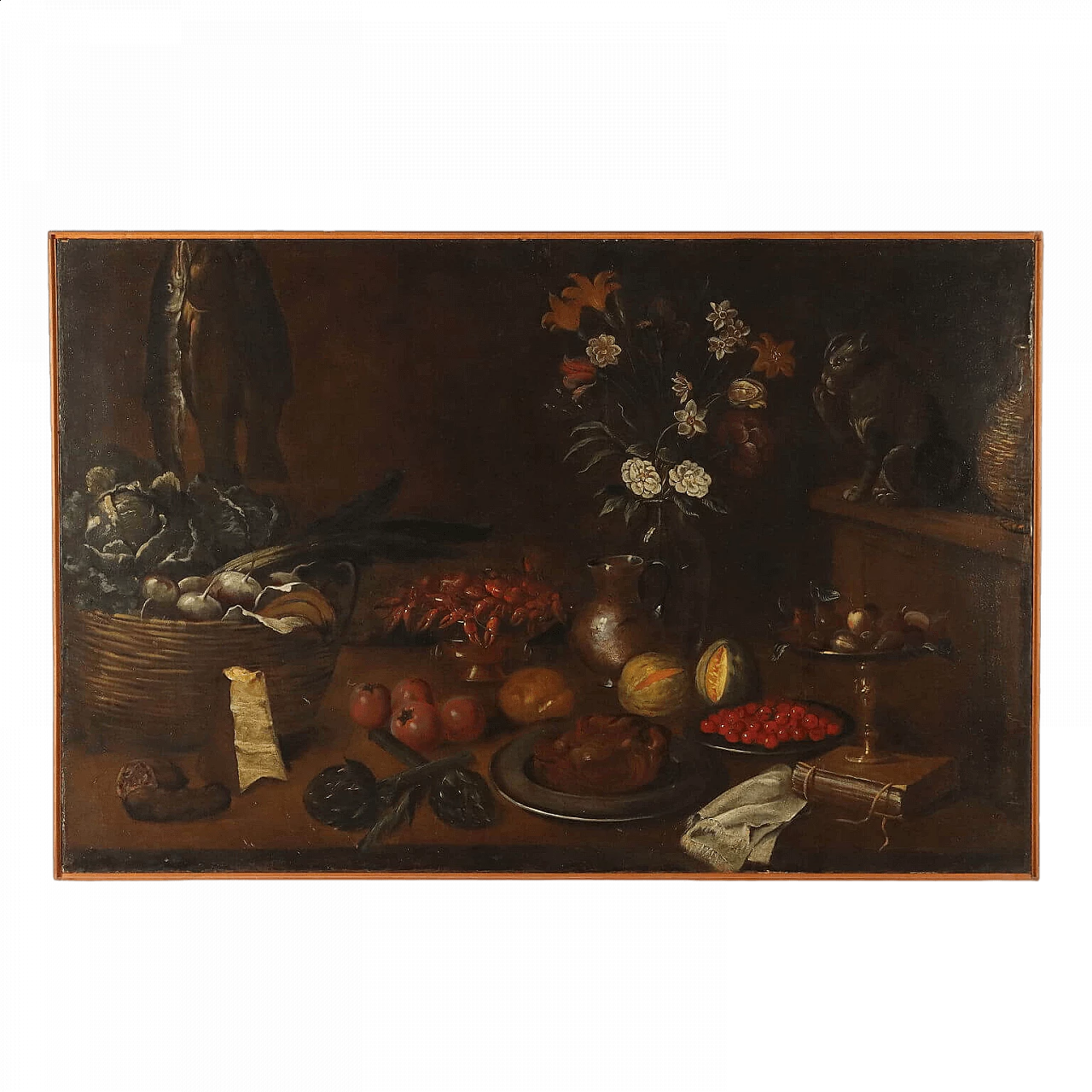 Still life with fruit, vegetables and cat, oil on canvas, 17th century 11