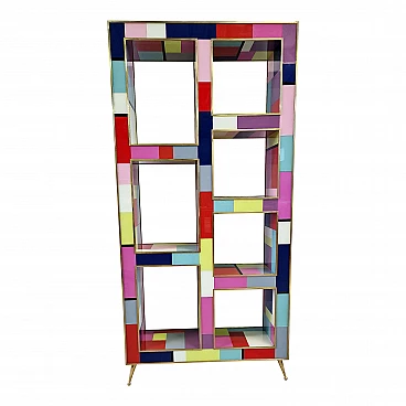 Double-sided bookcase in wood, brass and multicoloured Murano glass, 1990s