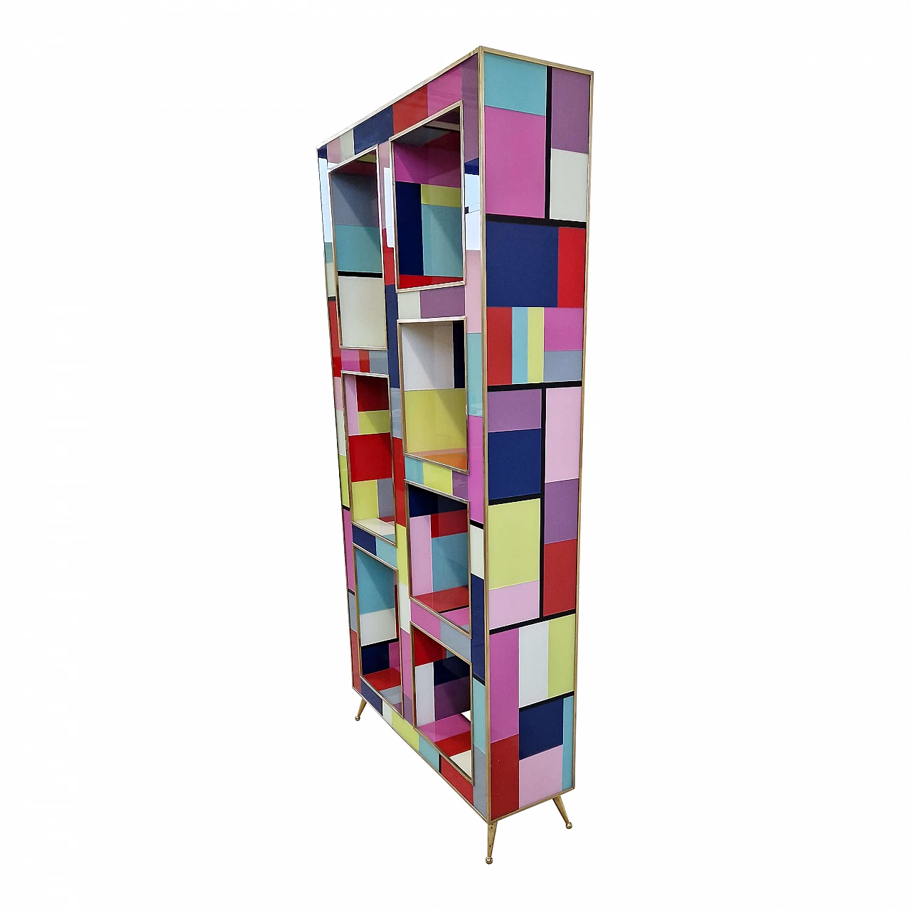Double-sided bookcase in wood, brass and multicoloured Murano glass, 1990s 3