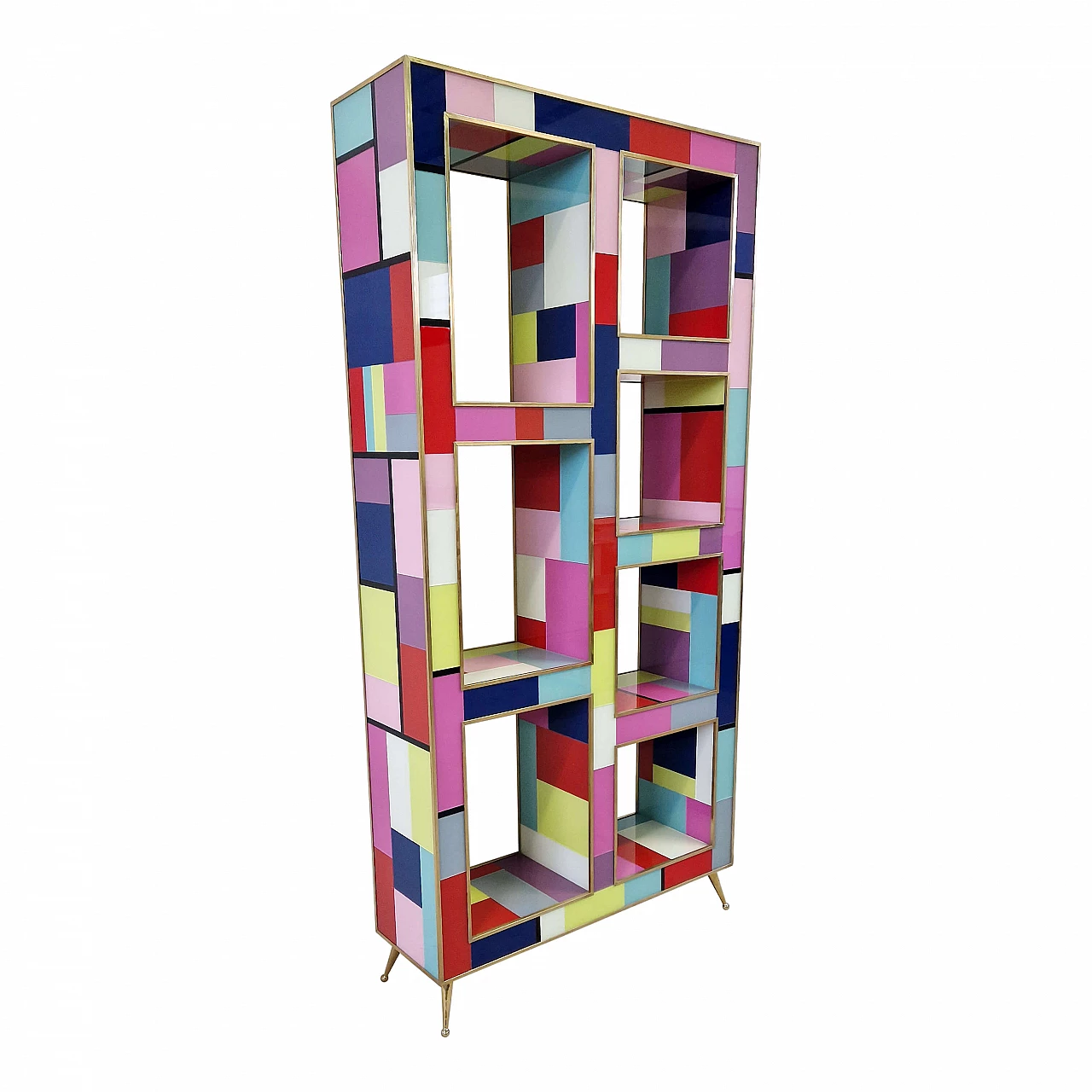 Double-sided bookcase in wood, brass and multicoloured Murano glass, 1990s 4