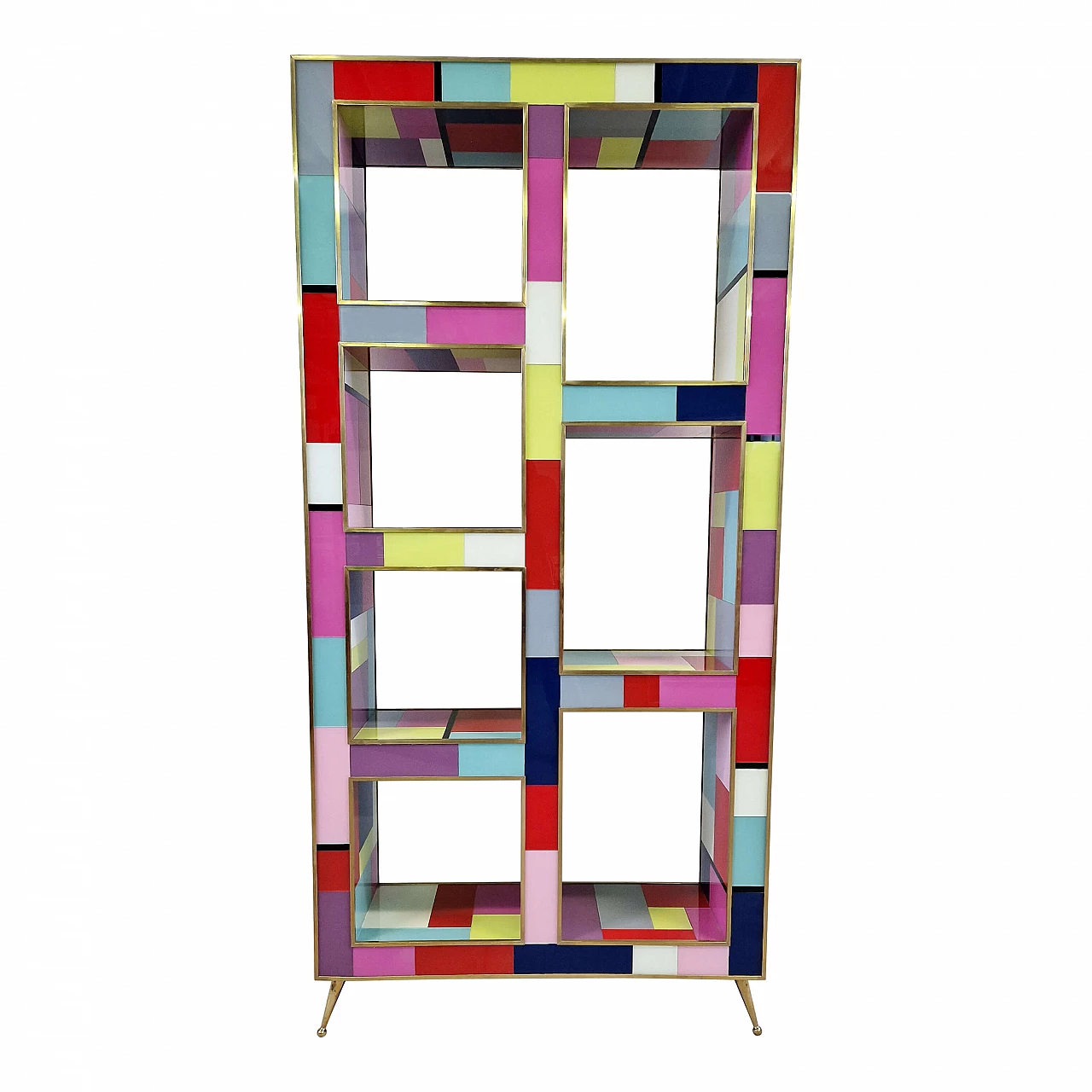 Double-sided bookcase in wood, brass and multicoloured Murano glass, 1990s 5