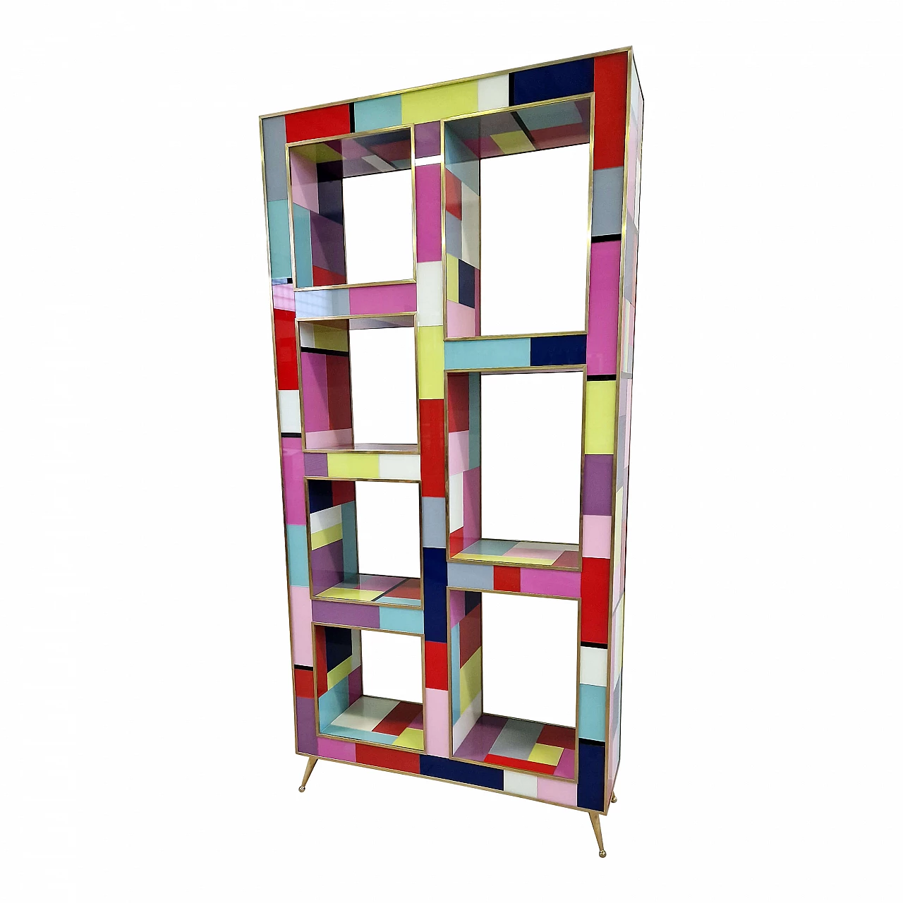 Double-sided bookcase in wood, brass and multicoloured Murano glass, 1990s 6