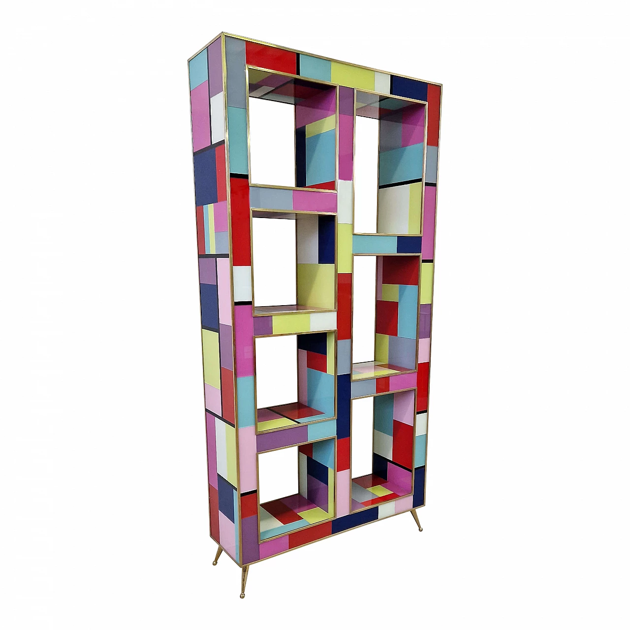 Double-sided bookcase in wood, brass and multicoloured Murano glass, 1990s 7