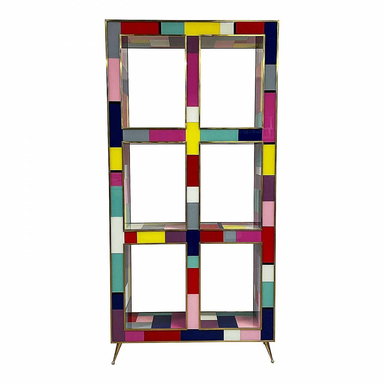 Double-sided bookcase made of wood, brass and multicoloured Murano glass, 1990s 1