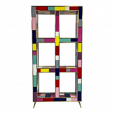Double-sided bookcase made of wood, brass and multicoloured Murano glass, 1990s