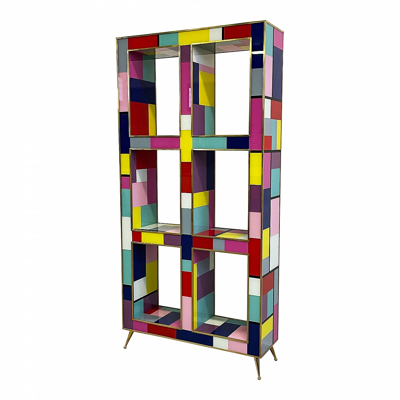 Double-sided bookcase made of wood, brass and multicoloured Murano glass, 1990s 2