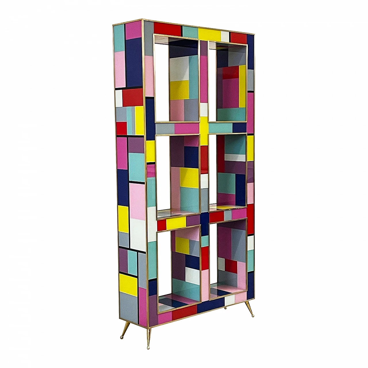 Double-sided bookcase made of wood, brass and multicoloured Murano glass, 1990s 3
