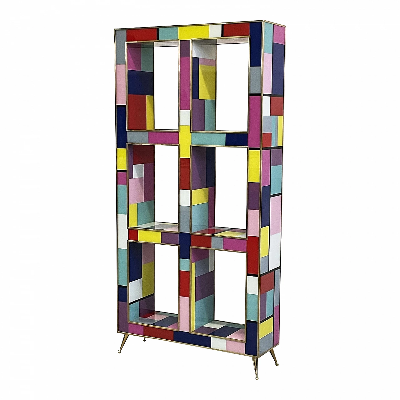 Double-sided bookcase made of wood, brass and multicoloured Murano glass, 1990s 4