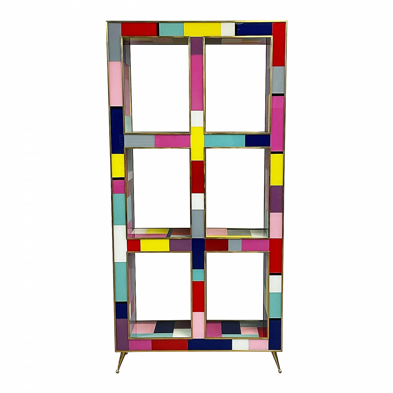 Double-sided bookcase made of wood, brass and multicoloured Murano glass, 1990s 5