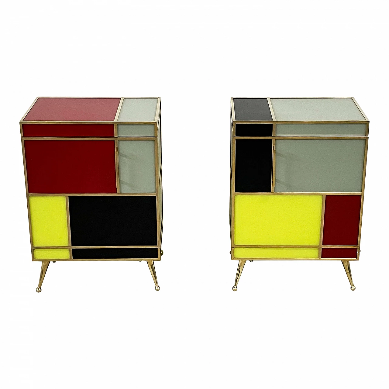 Coppia di comodini in legno e vetro a quattro colori, anni '80 1