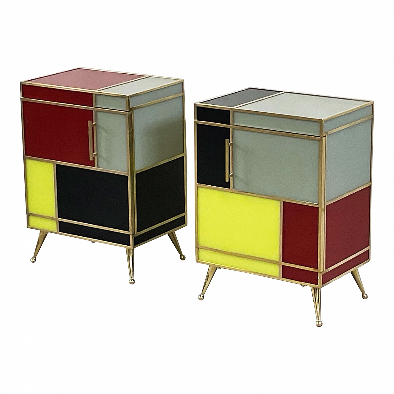 Pair of wooden and glass bedside tables in four colours, 1980s 4