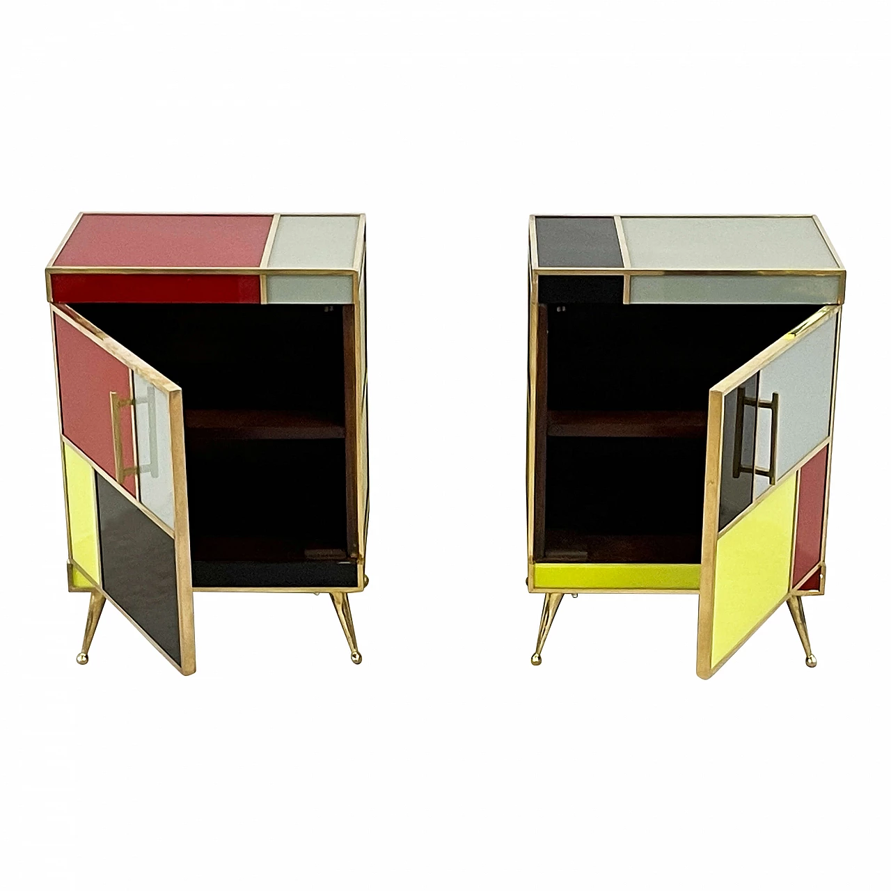 Pair of wooden and glass bedside tables in four colours, 1980s 5