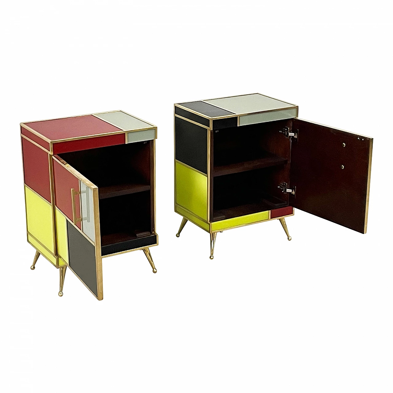 Pair of wooden and glass bedside tables in four colours, 1980s 6