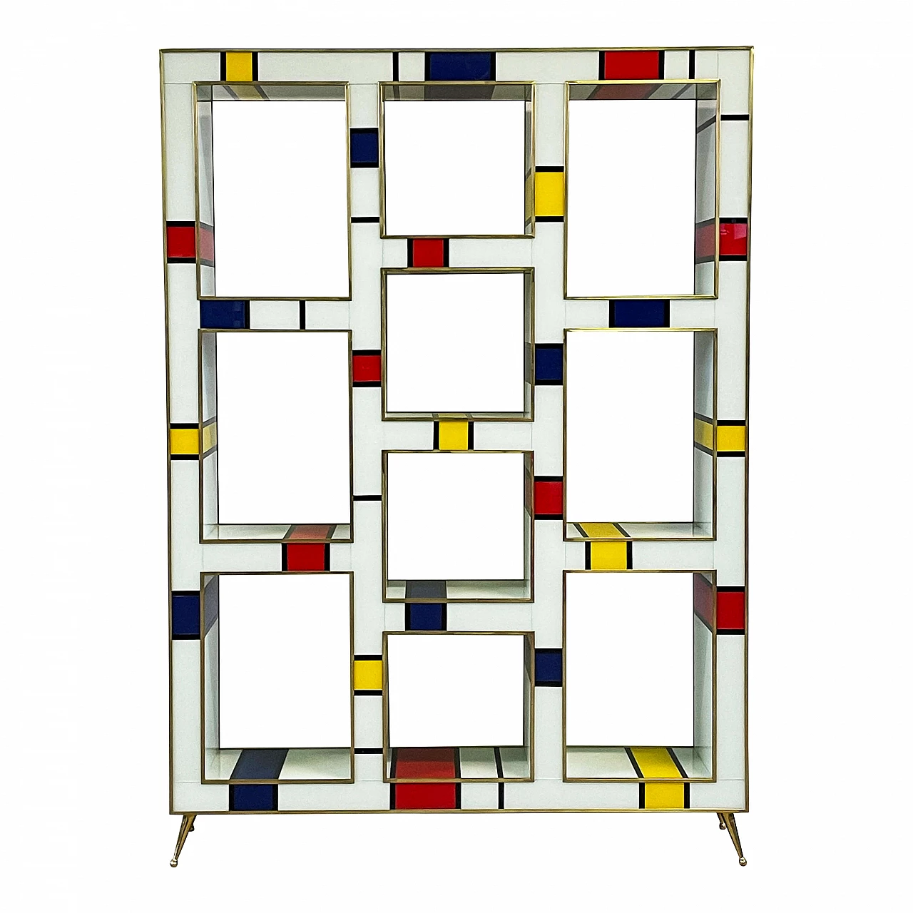 Mondrian style multicolored Murano glass and brass bookcase, 1980s 1