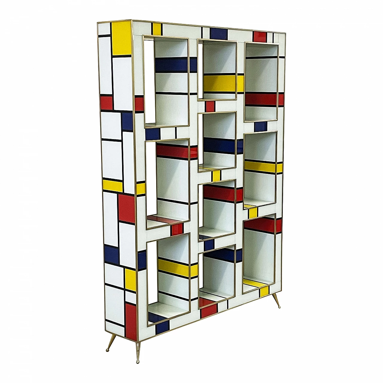Mondrian style multicolored Murano glass and brass bookcase, 1980s 2