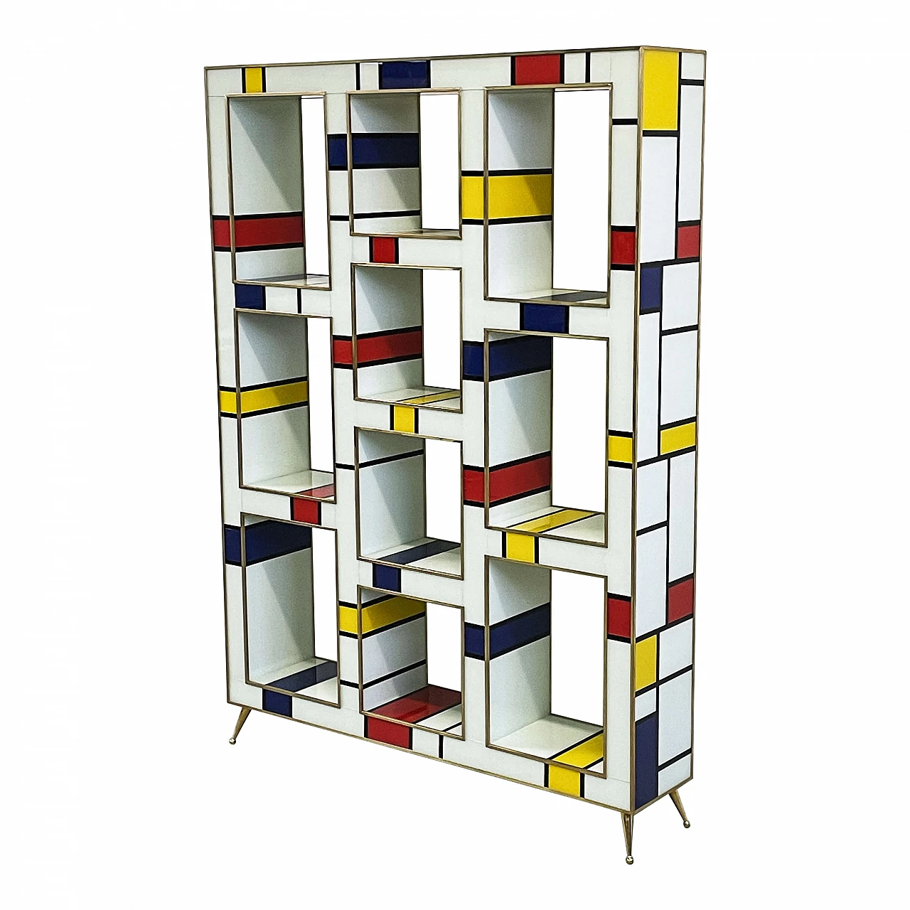 Mondrian style multicolored Murano glass and brass bookcase, 1980s 3