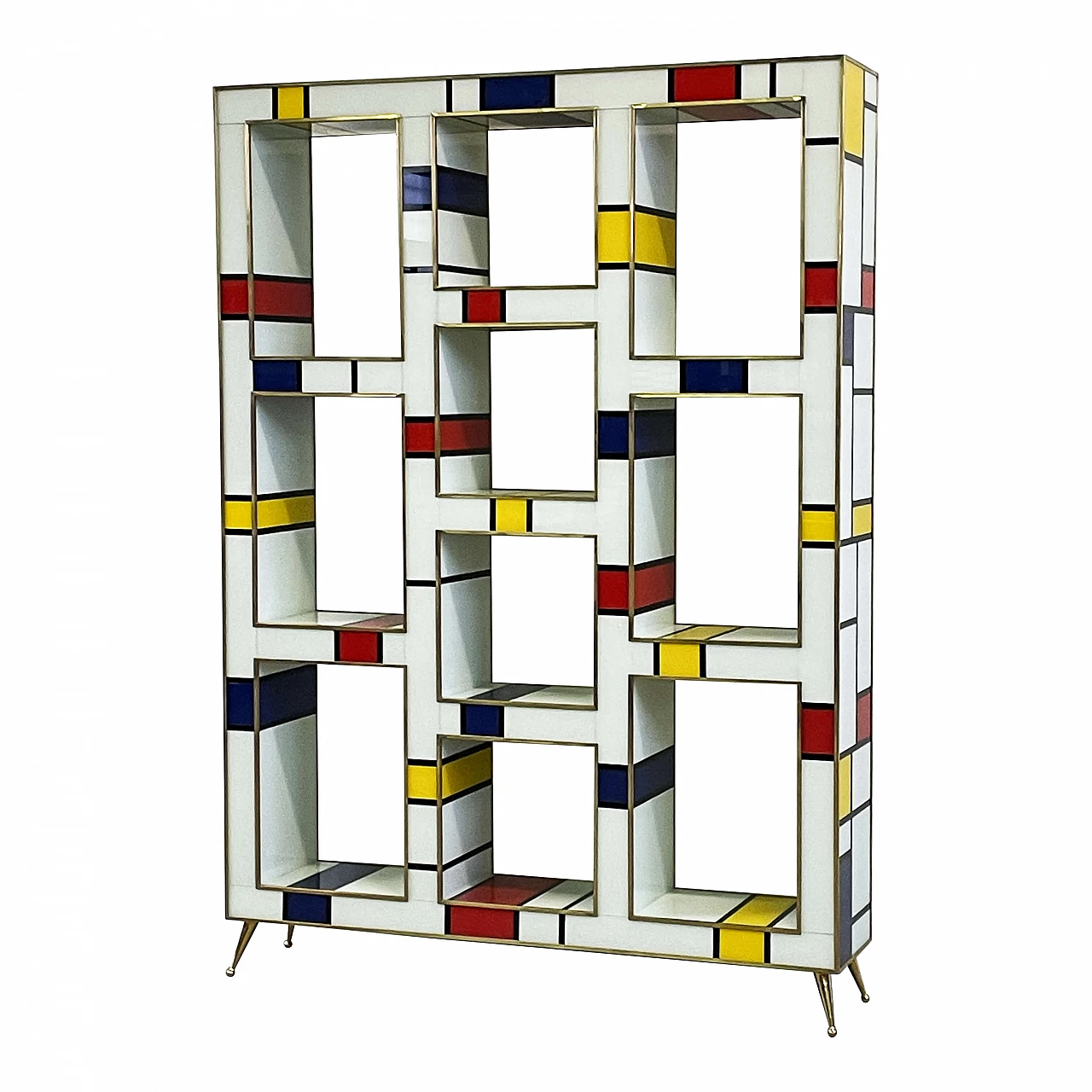 Mondrian style multicolored Murano glass and brass bookcase, 1980s 4
