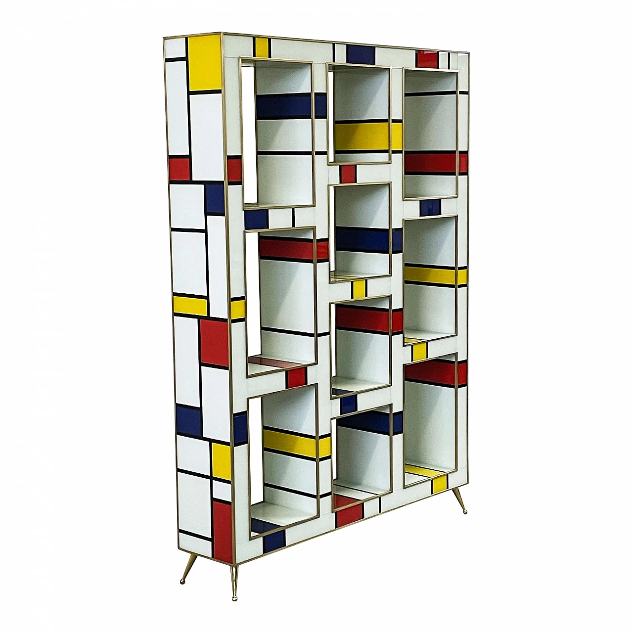 Mondrian style multicolored Murano glass and brass bookcase, 1980s 5