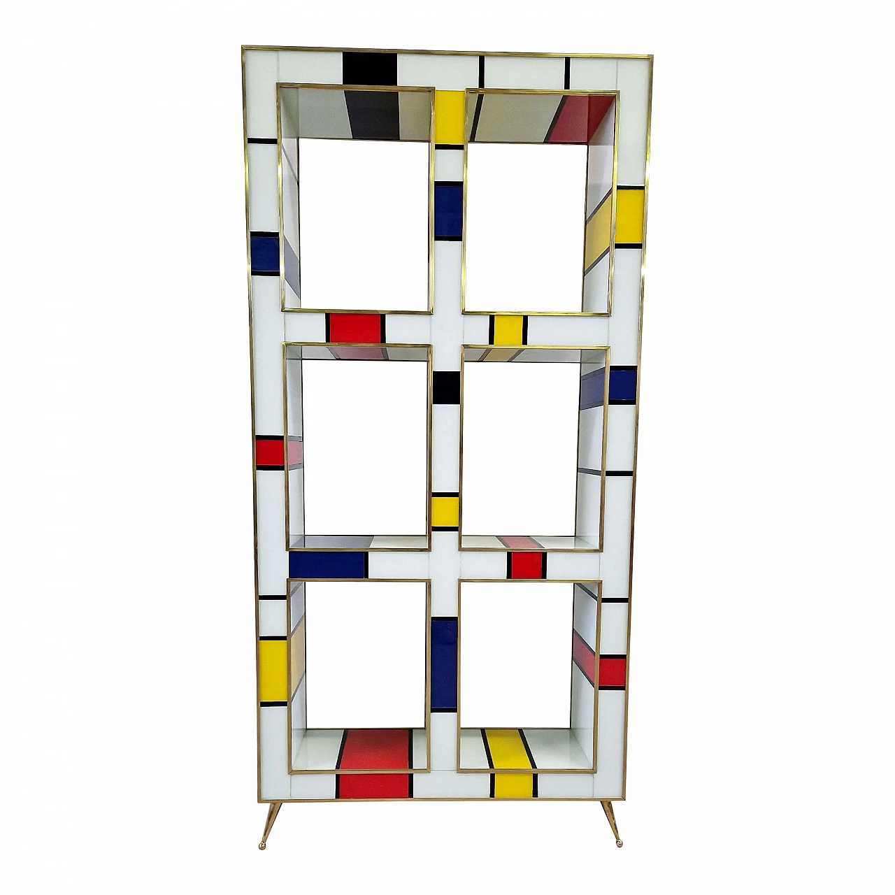 Mondrian style double-sided brass and Murano glass bookcase, 1980s 1