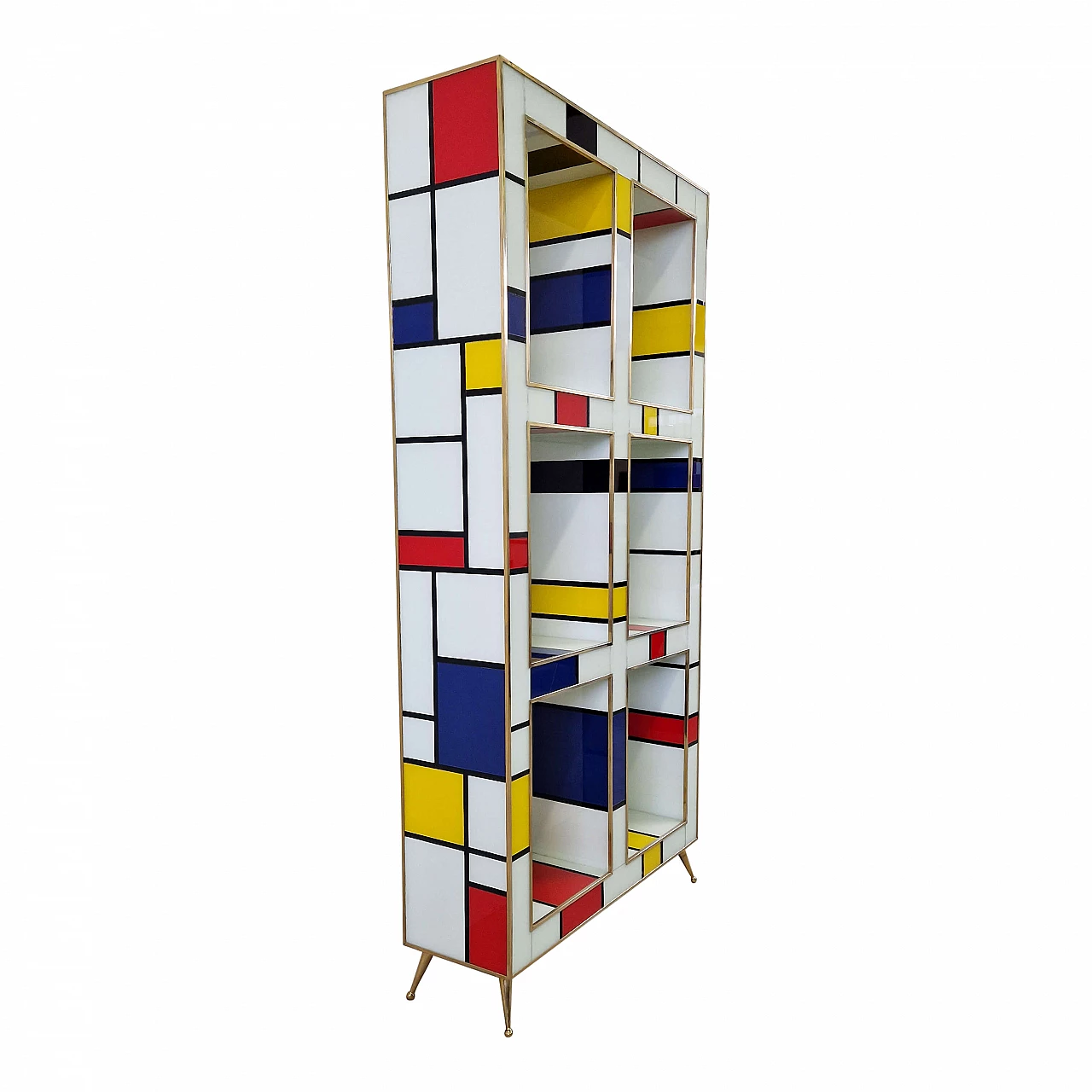 Libreria bifacciale stile Mondrian in ottone e vetro di Murano, anni '80 2