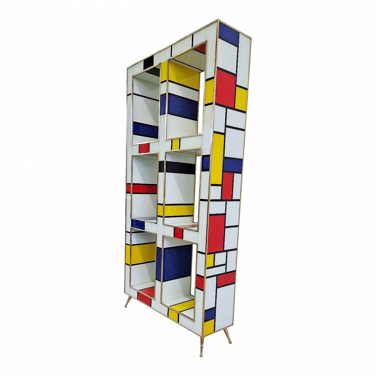 Mondrian style double-sided brass and Murano glass bookcase, 1980s 3