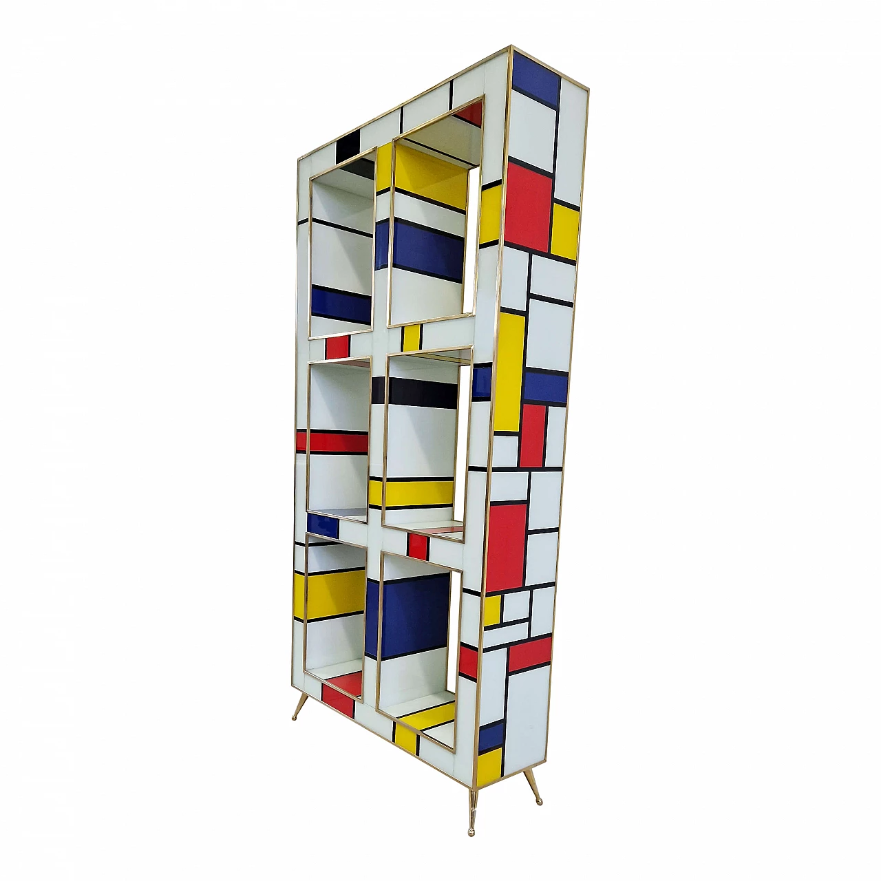 Libreria bifacciale stile Mondrian in ottone e vetro di Murano, anni '80 3