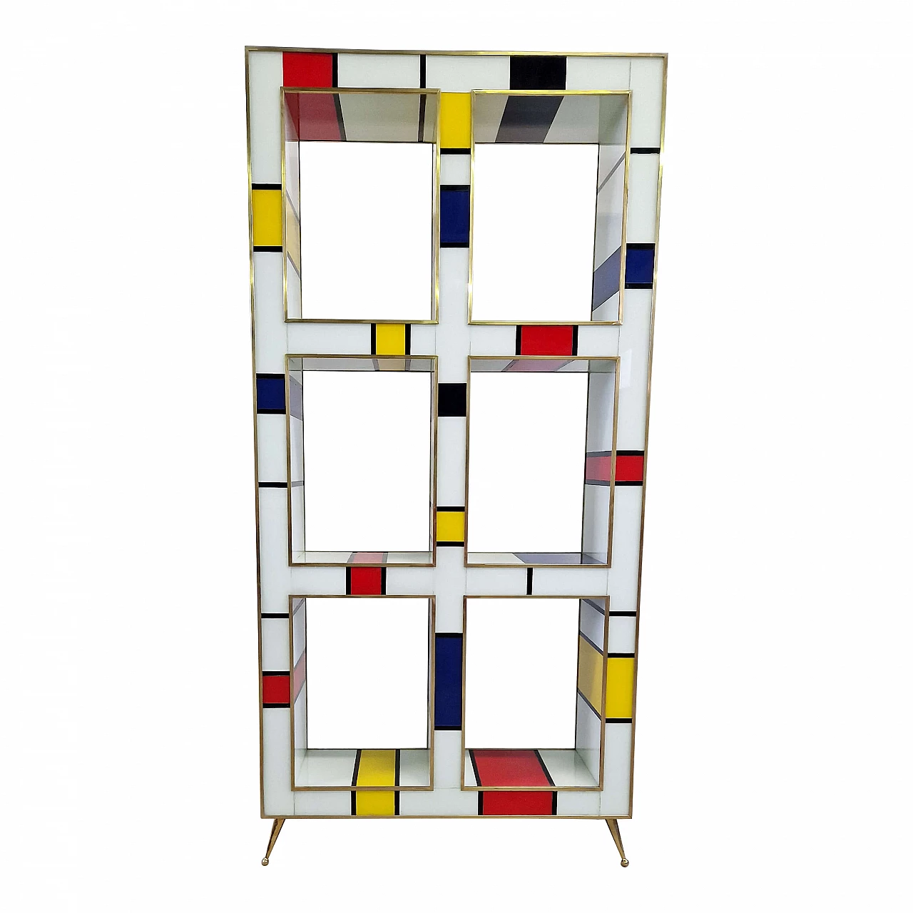 Mondrian style double-sided brass and Murano glass bookcase, 1980s 4