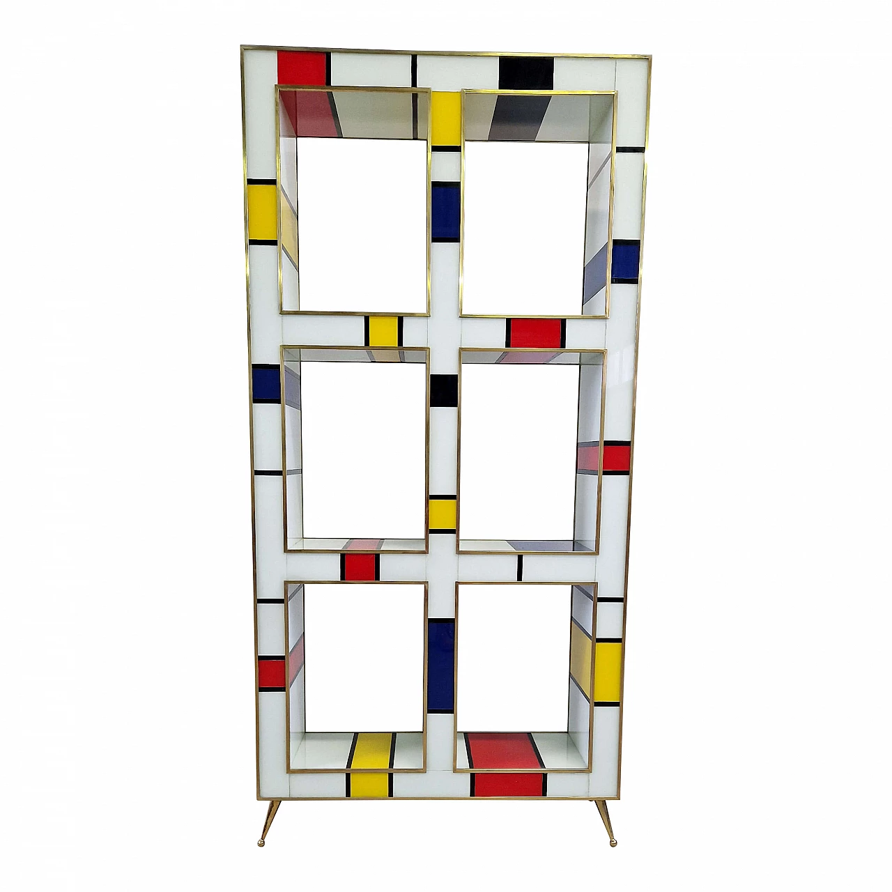 Mondrian style double-sided brass and Murano glass bookcase, 1980s 5