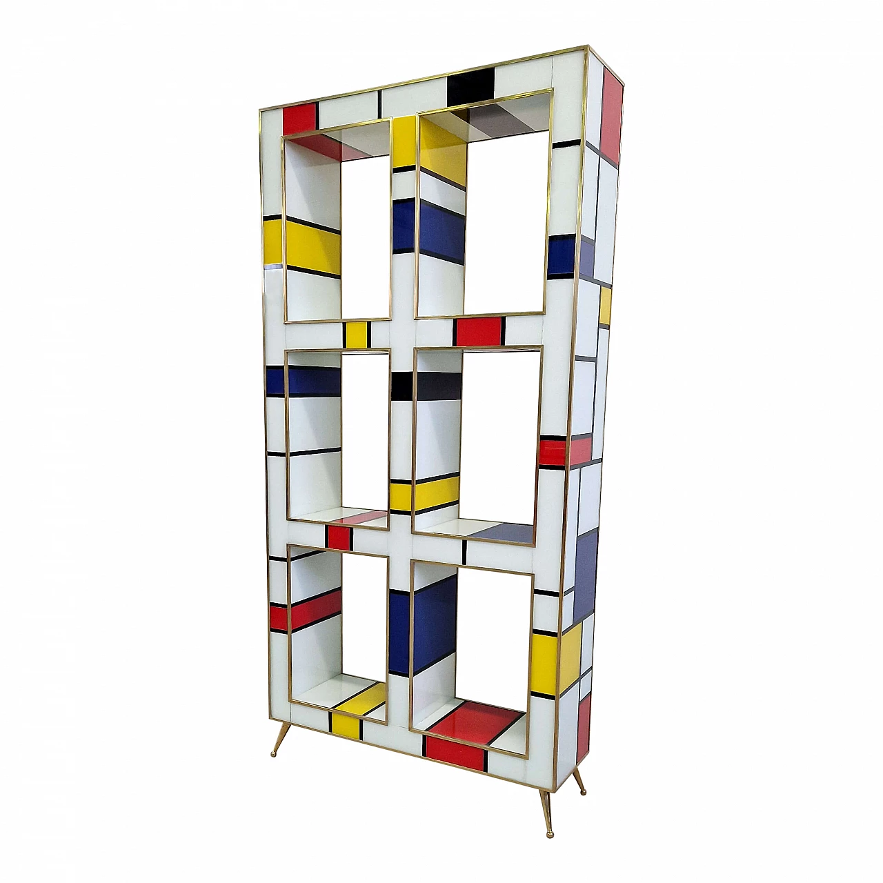 Libreria bifacciale stile Mondrian in ottone e vetro di Murano, anni '80 6