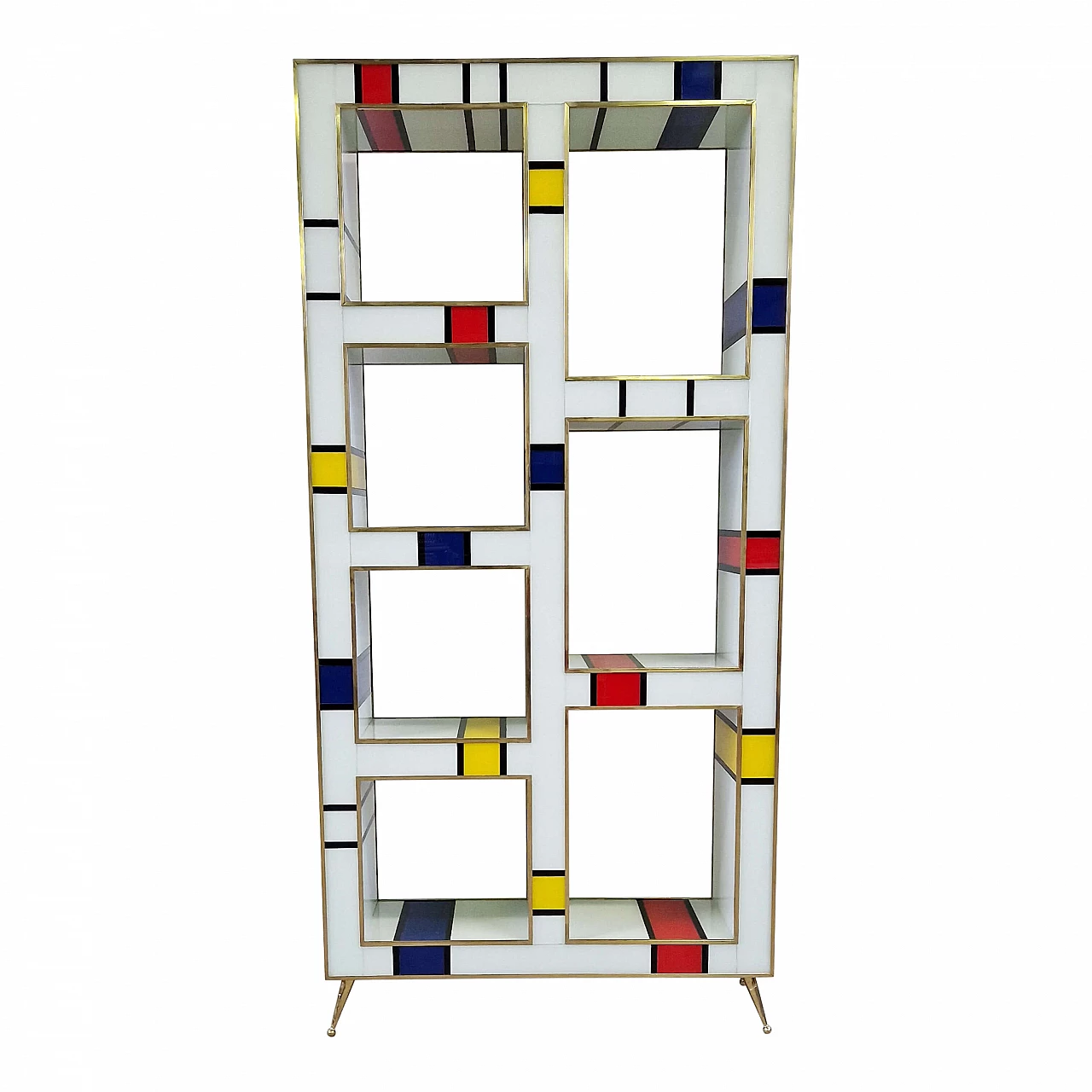 Mondrian style brass and multicolored Murano glass bookcase, 1980s 1