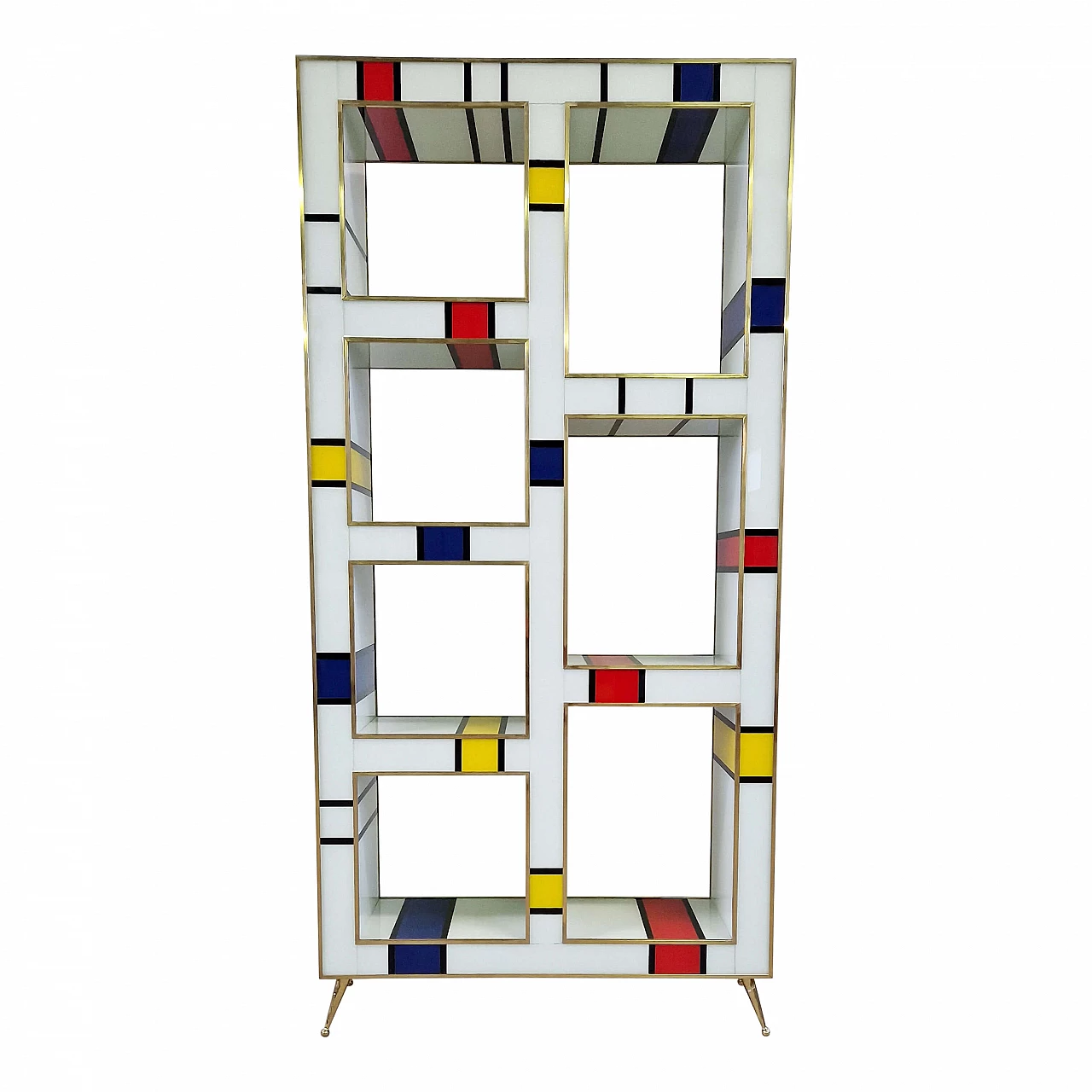 Mondrian style brass and multicolored Murano glass bookcase, 1980s 2