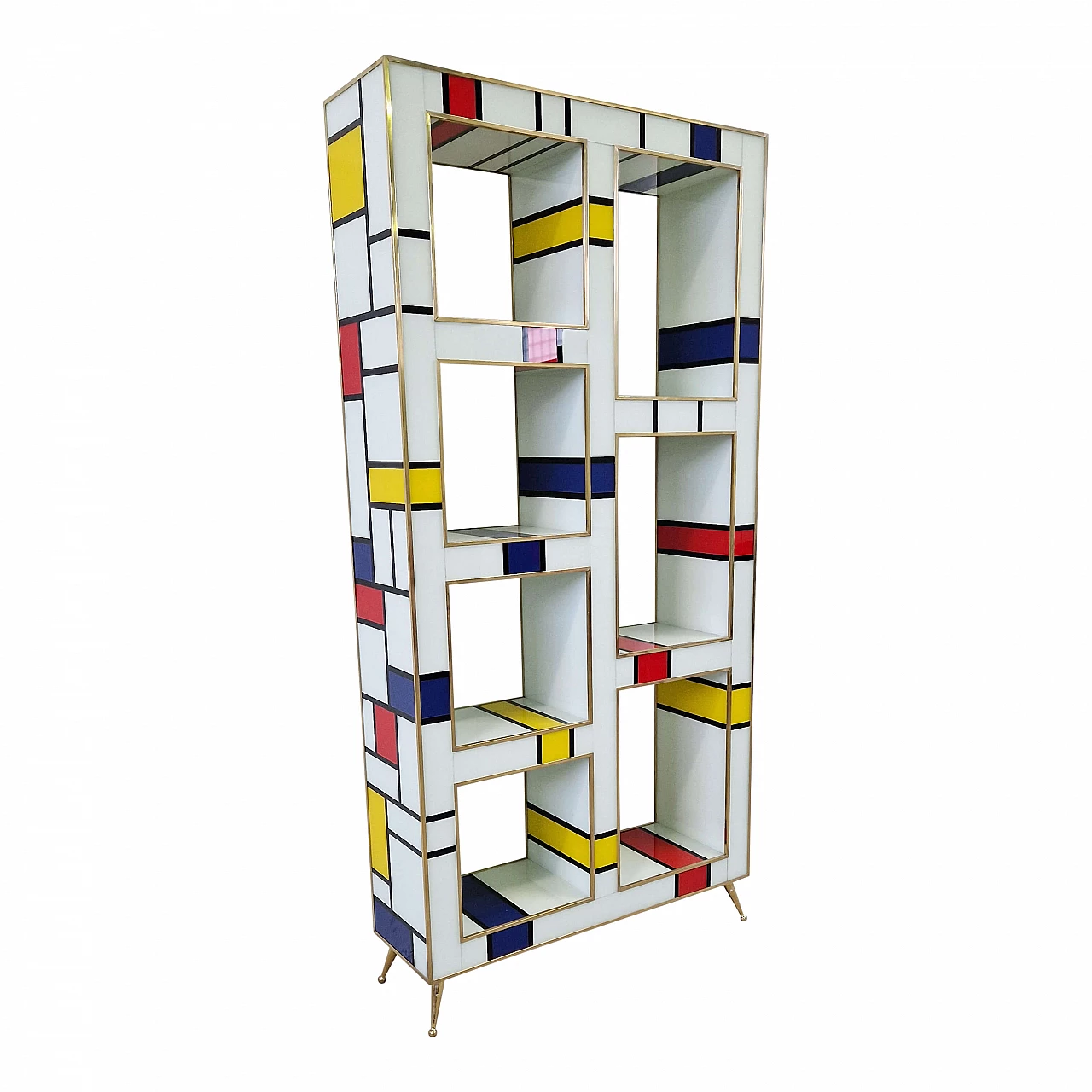 Mondrian style brass and multicolored Murano glass bookcase, 1980s 3