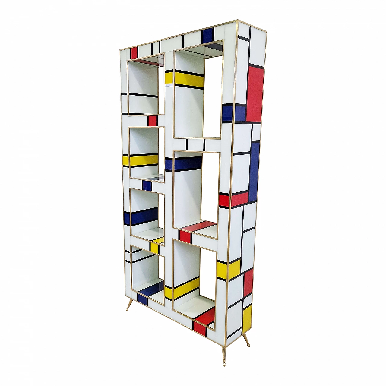 Mondrian style brass and multicolored Murano glass bookcase, 1980s 4