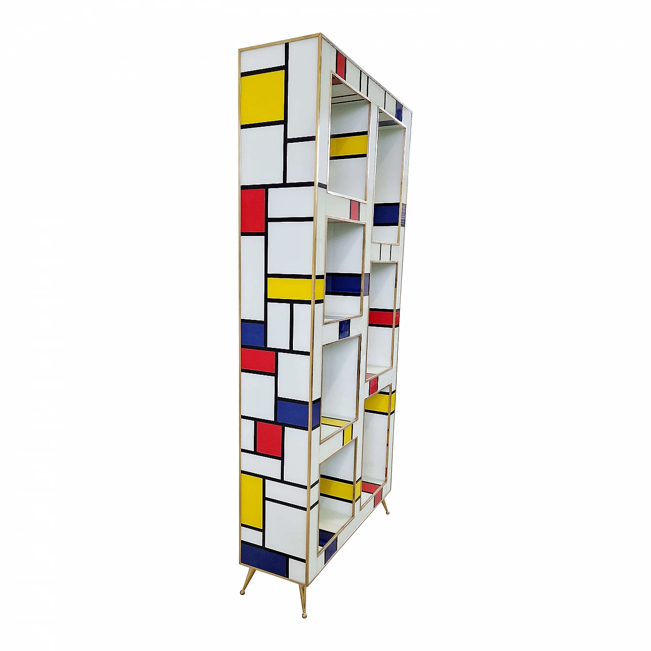 Mondrian style brass and multicolored Murano glass bookcase, 1980s 5