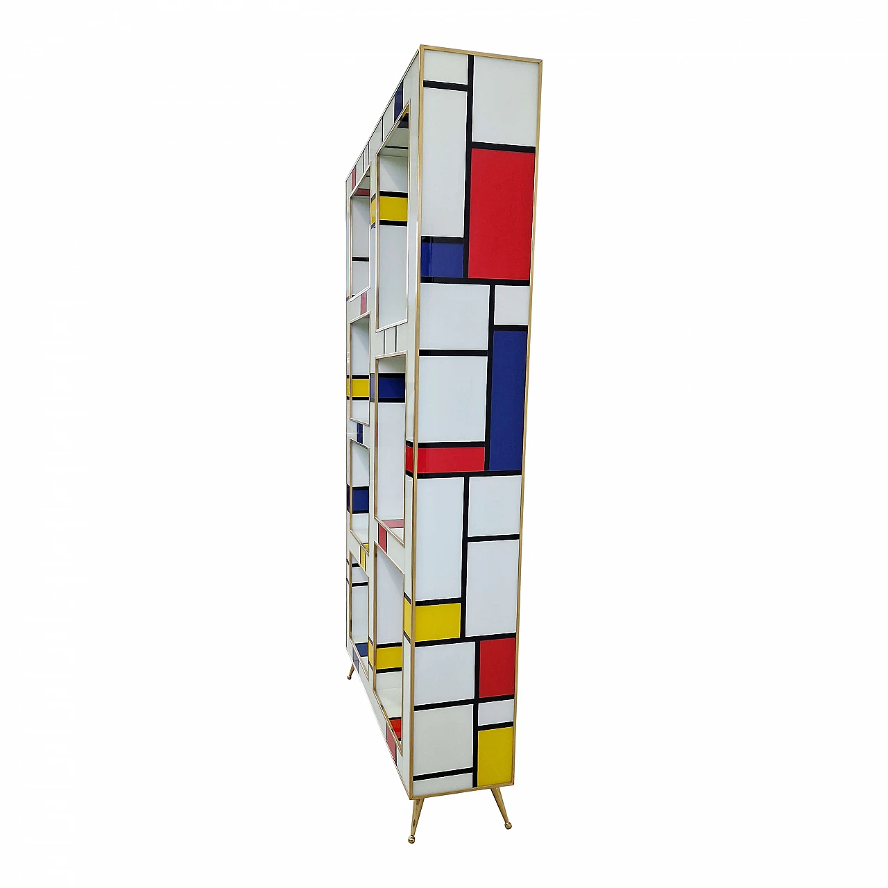 Mondrian style brass and multicolored Murano glass bookcase, 1980s 6