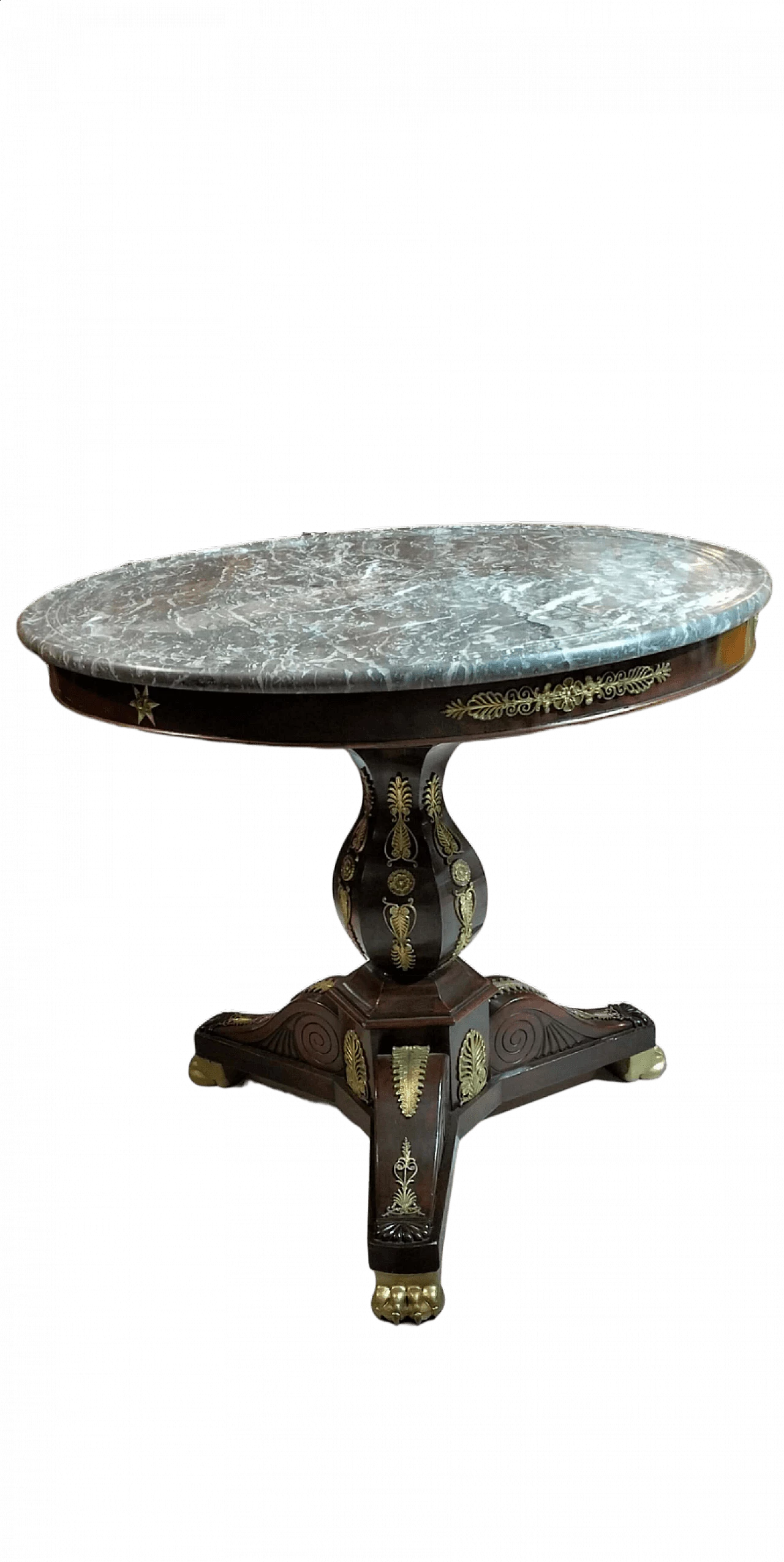 Tavolo Carlo X rotondo in mogano, acero e marmo, fine '800 9