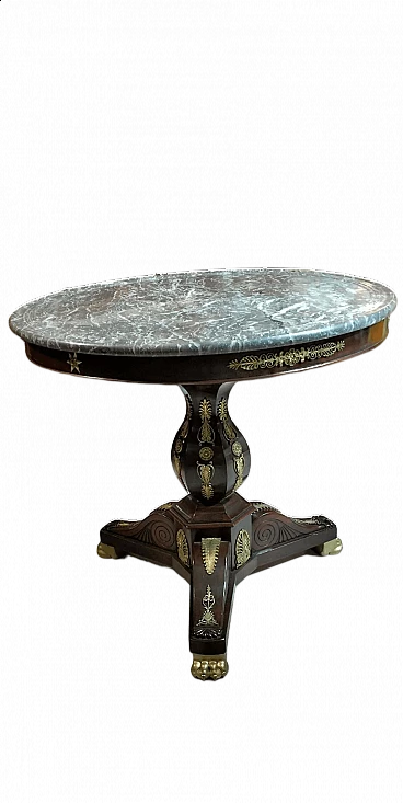 Tavolo Carlo X rotondo in mogano, acero e marmo, fine '800