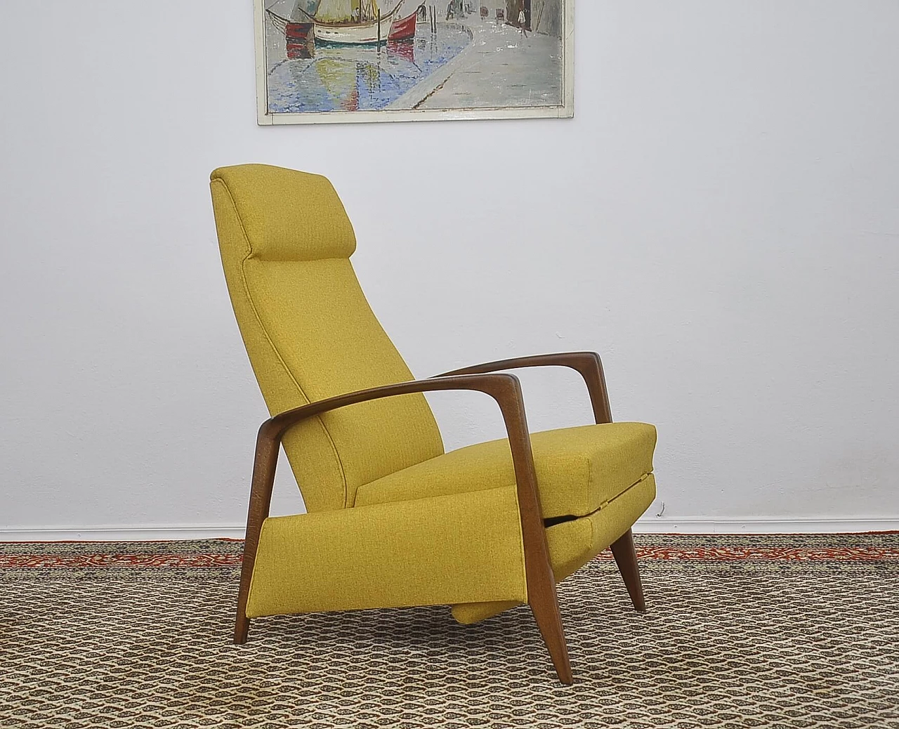 Yellow armchair with folding footstool in stained beech, 1960s 1
