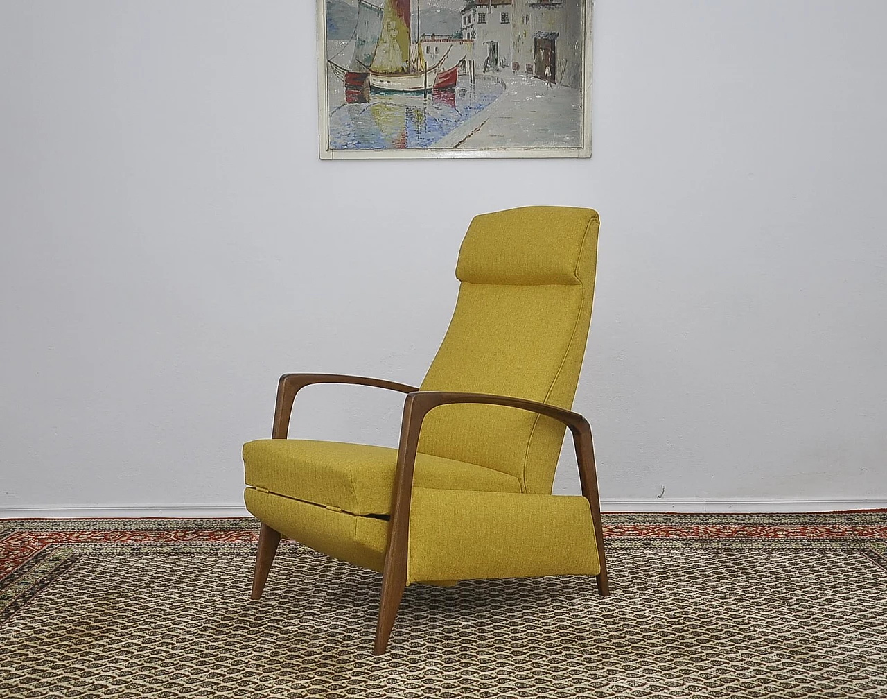 Yellow armchair with folding footstool in stained beech, 1960s 2