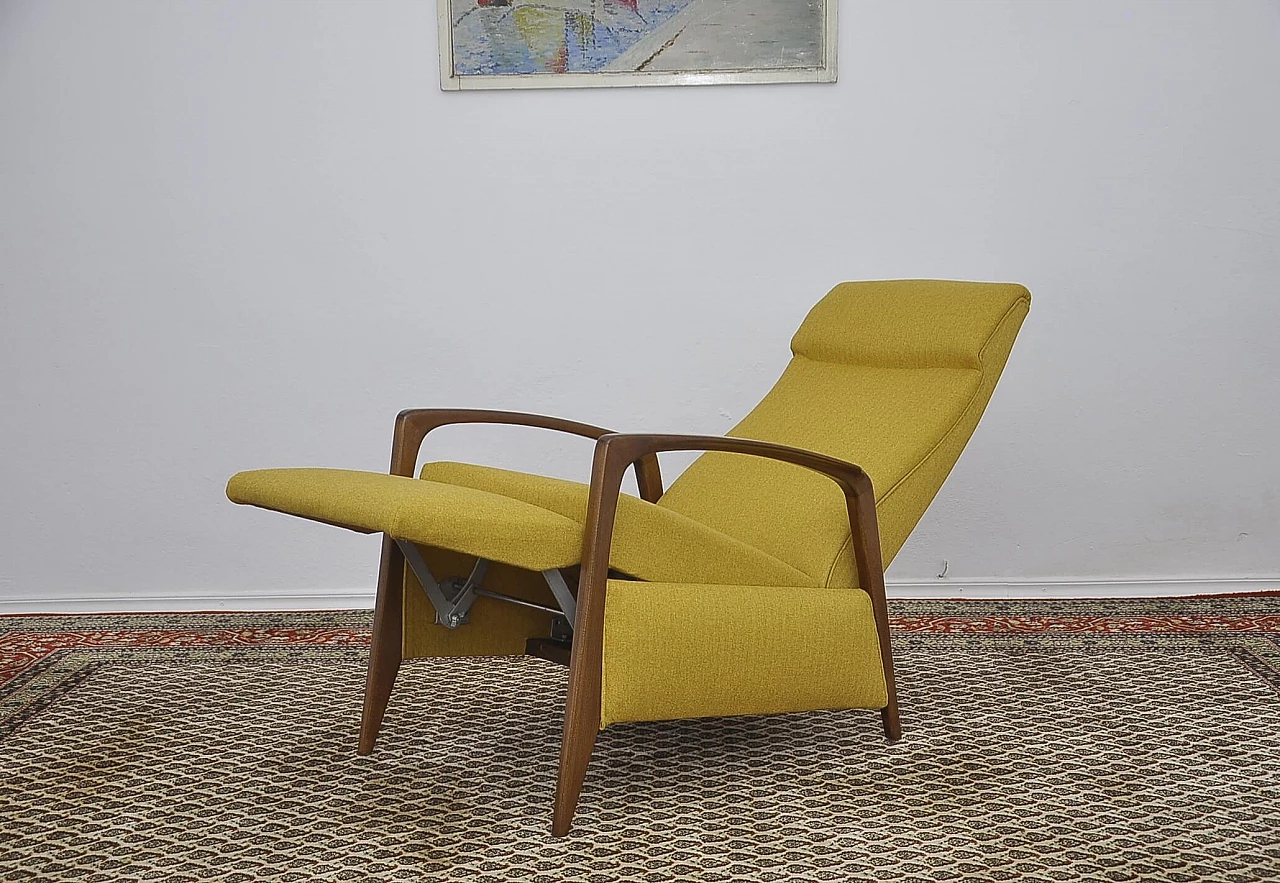 Yellow armchair with folding footstool in stained beech, 1960s 3