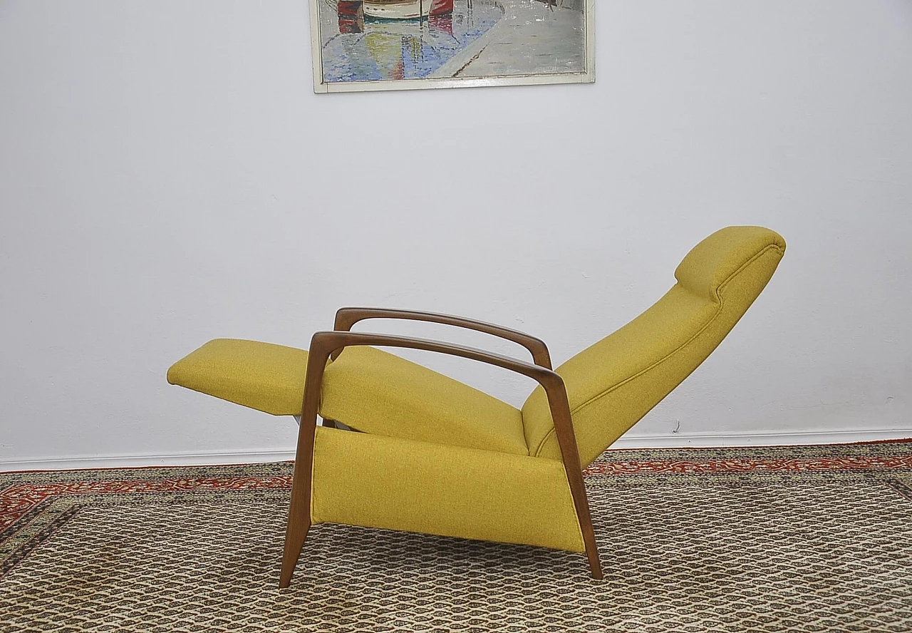 Yellow armchair with folding footstool in stained beech, 1960s 4
