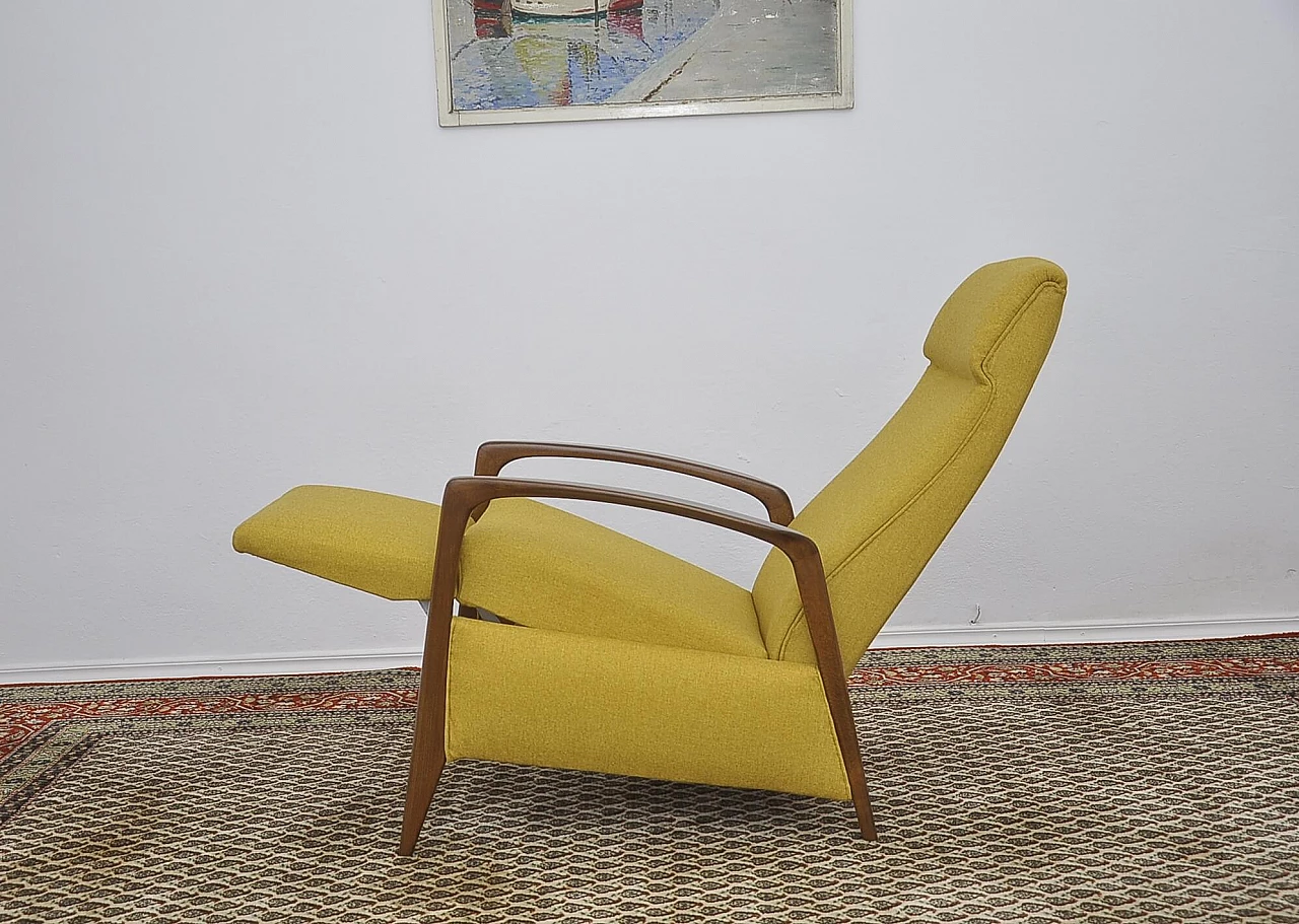 Yellow armchair with folding footstool in stained beech, 1960s 5