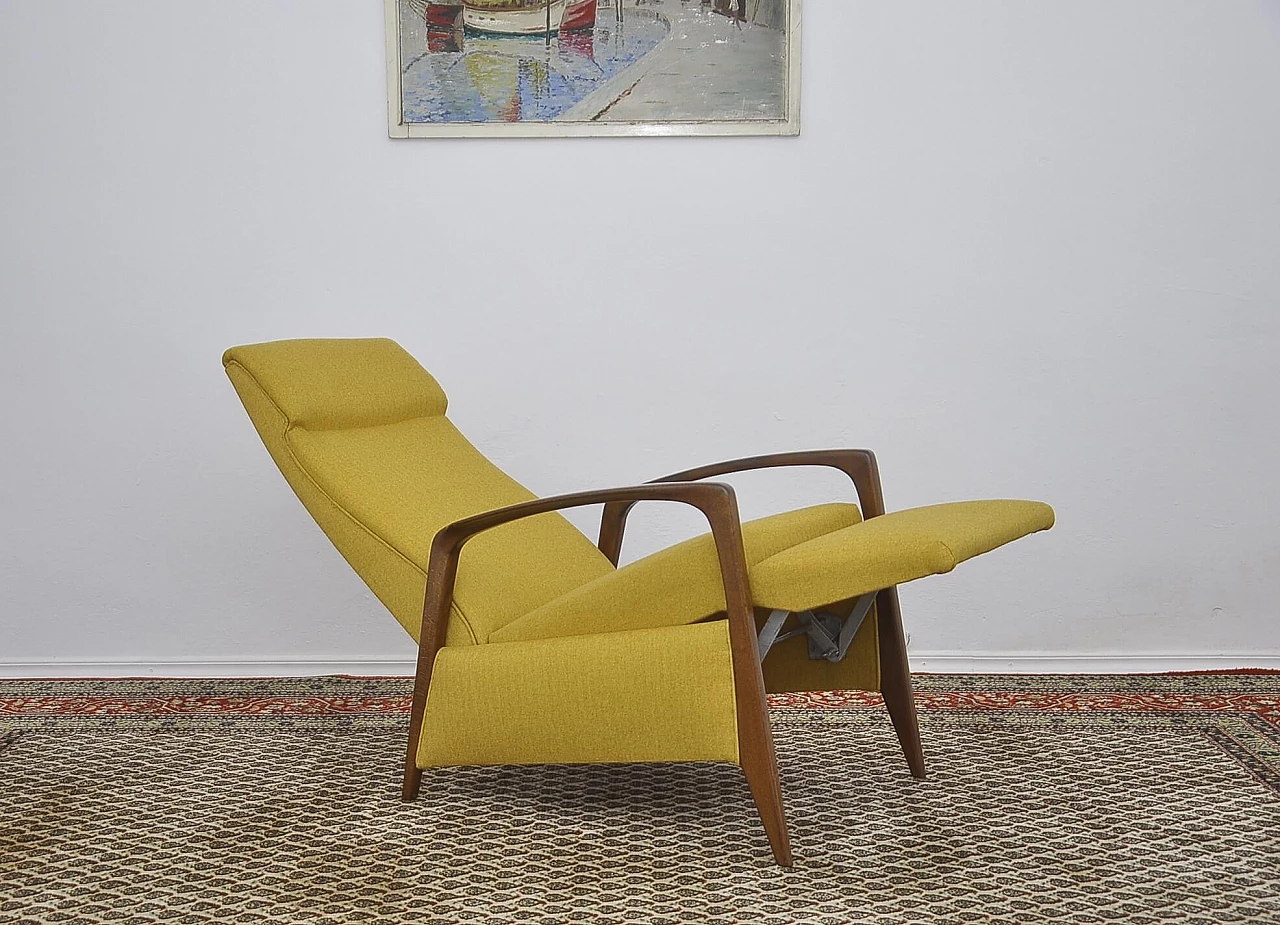 Yellow armchair with folding footstool in stained beech, 1960s 6