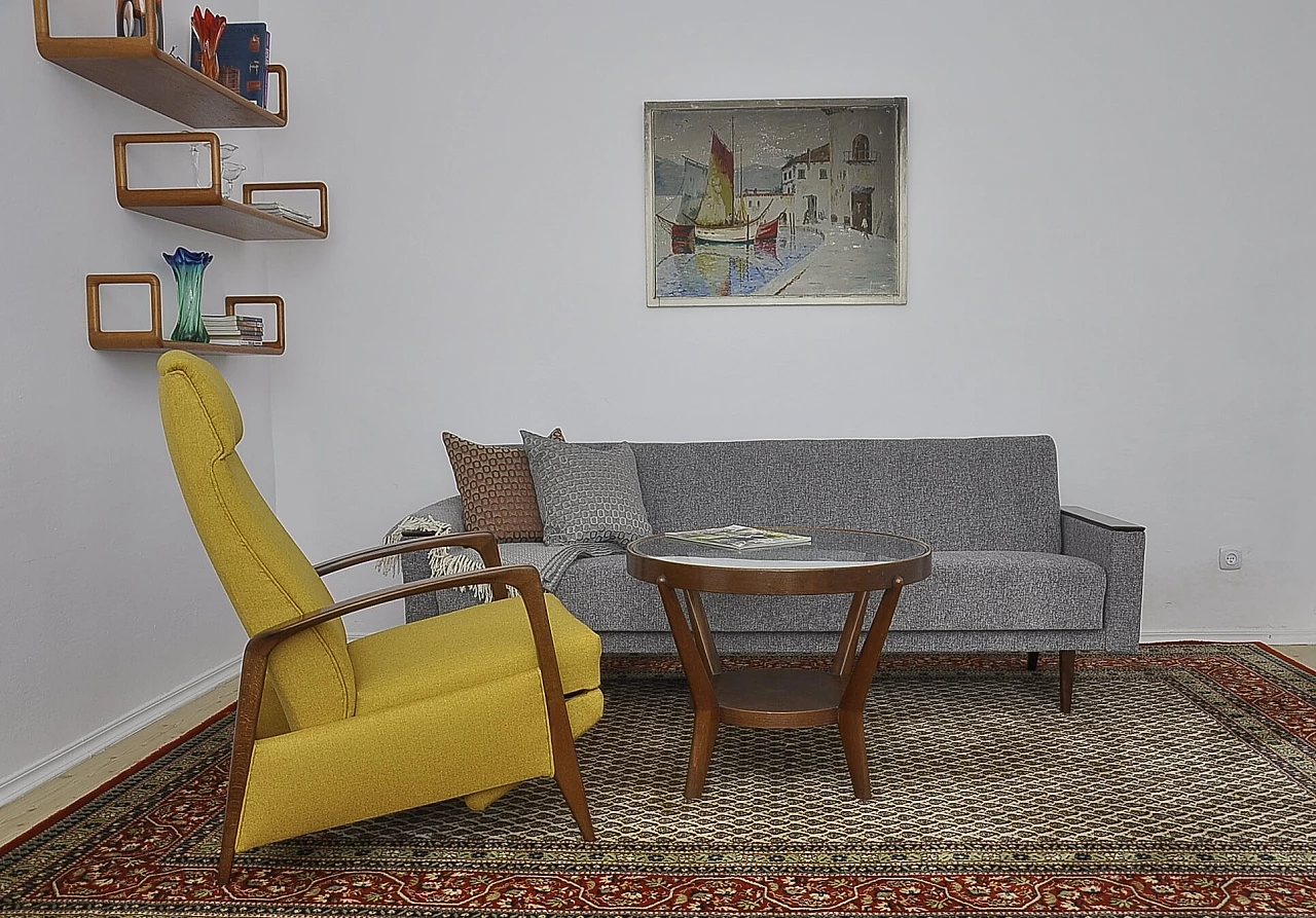 Yellow armchair with folding footstool in stained beech, 1960s 7
