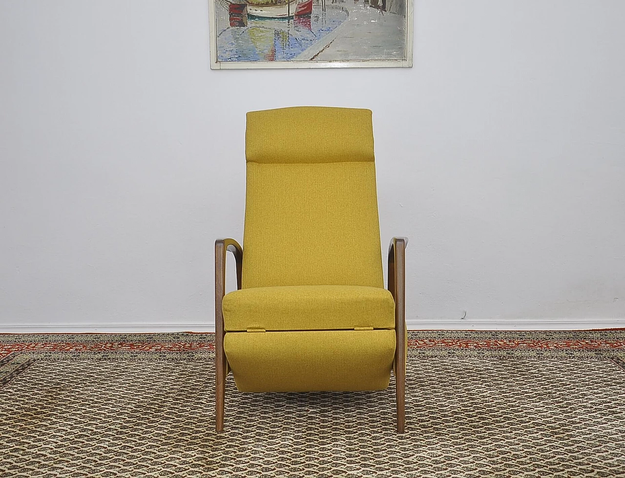 Yellow armchair with folding footstool in stained beech, 1960s 8