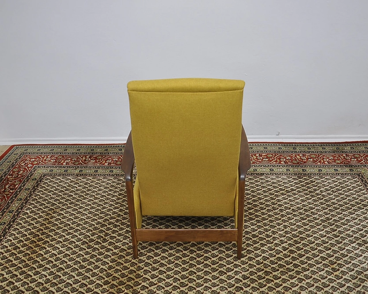 Yellow armchair with folding footstool in stained beech, 1960s 9