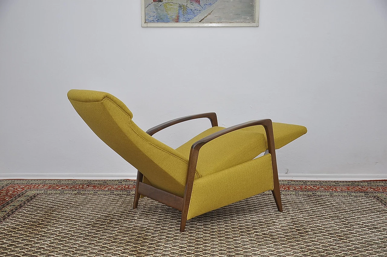 Yellow armchair with folding footstool in stained beech, 1960s 10